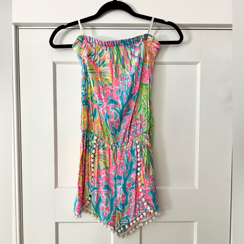 Lily Pulitzer Daisy Pom Pom Romper Seaspray Lovers Coral, S